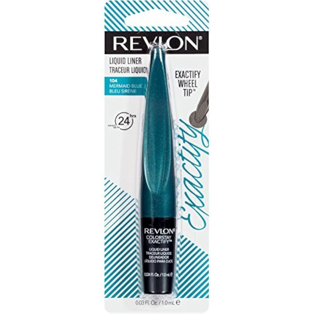Revlon Colorstay Exactify Eyeliner in Verpackung. Türkis-metallische Farbe. Aufschrift: Mermaid Blue. 24 Stunden Halt.