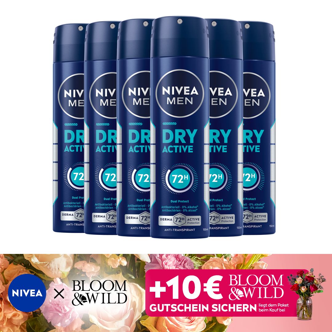Sechs NIVEA Men Dry Active Deo Spray-Flaschen. Blaue Flaschen mit weißer Schrift. Aufschrift: '72H'.