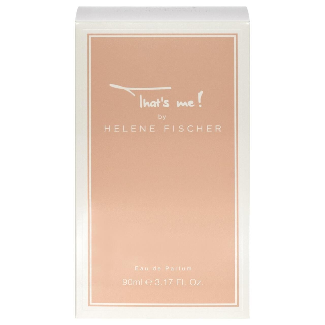 Verpackung des Parfums. Rechteckige Box mit Schriftzug 'That's me! by Helene Fischer'. Rosa Hintergrund.