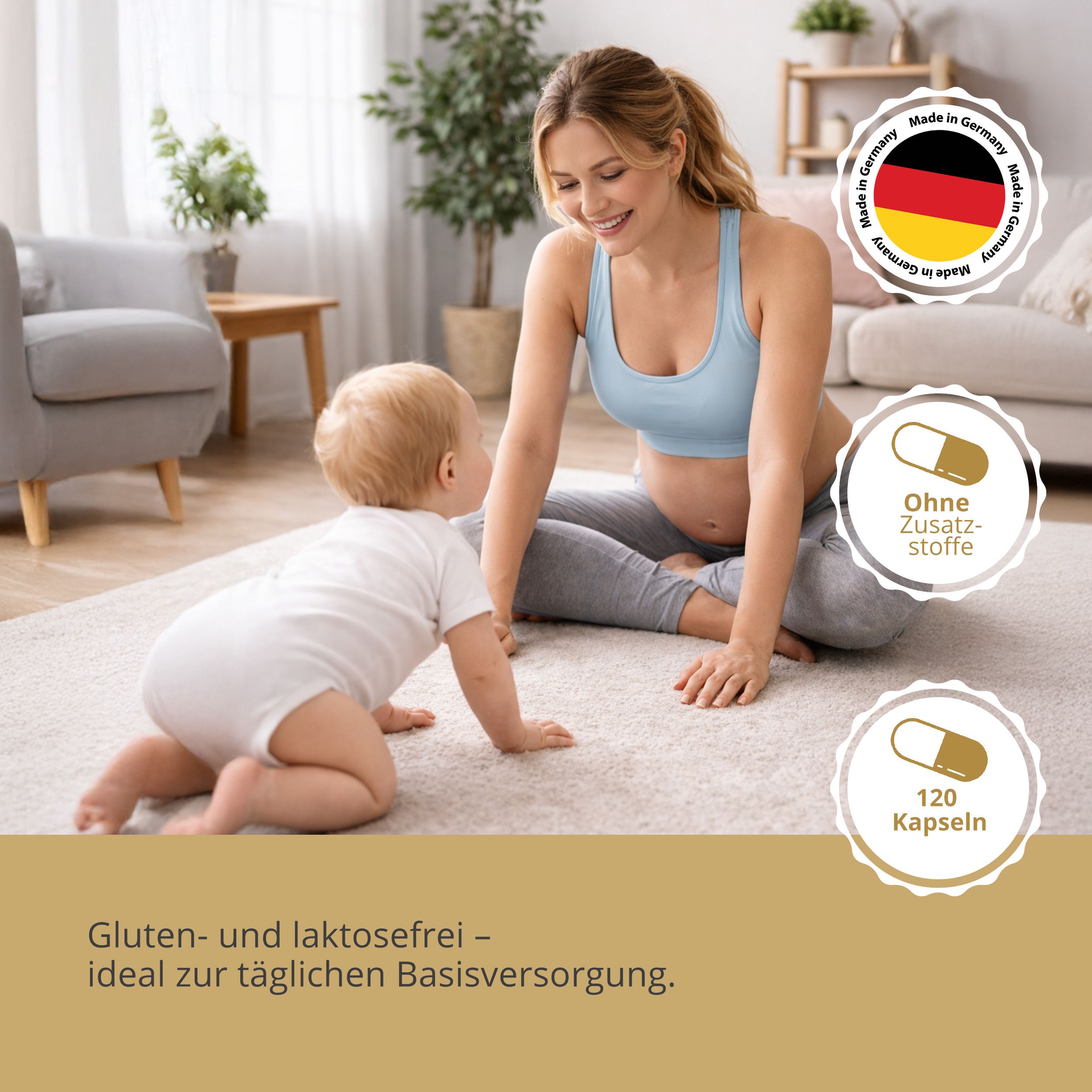 Schwangere Frau und Baby. Aufkleber mit Kapsel-Symbolen und Text: Ohne Zusatzstoffe, 120 Kapseln. Text: Gluten- und laktosefrei - ideal zur täglichen Basisversorgung.