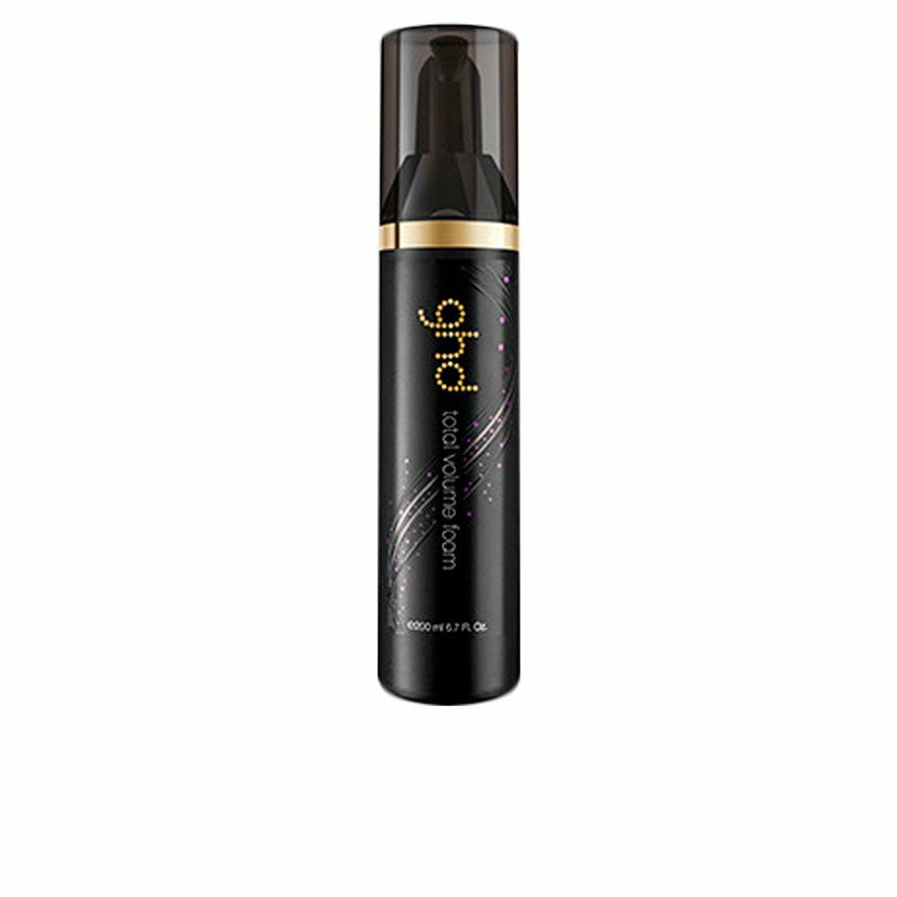 Ghd Total Volume Foam Flasche mit schwarzem Pumpspender und glitzernden Details.