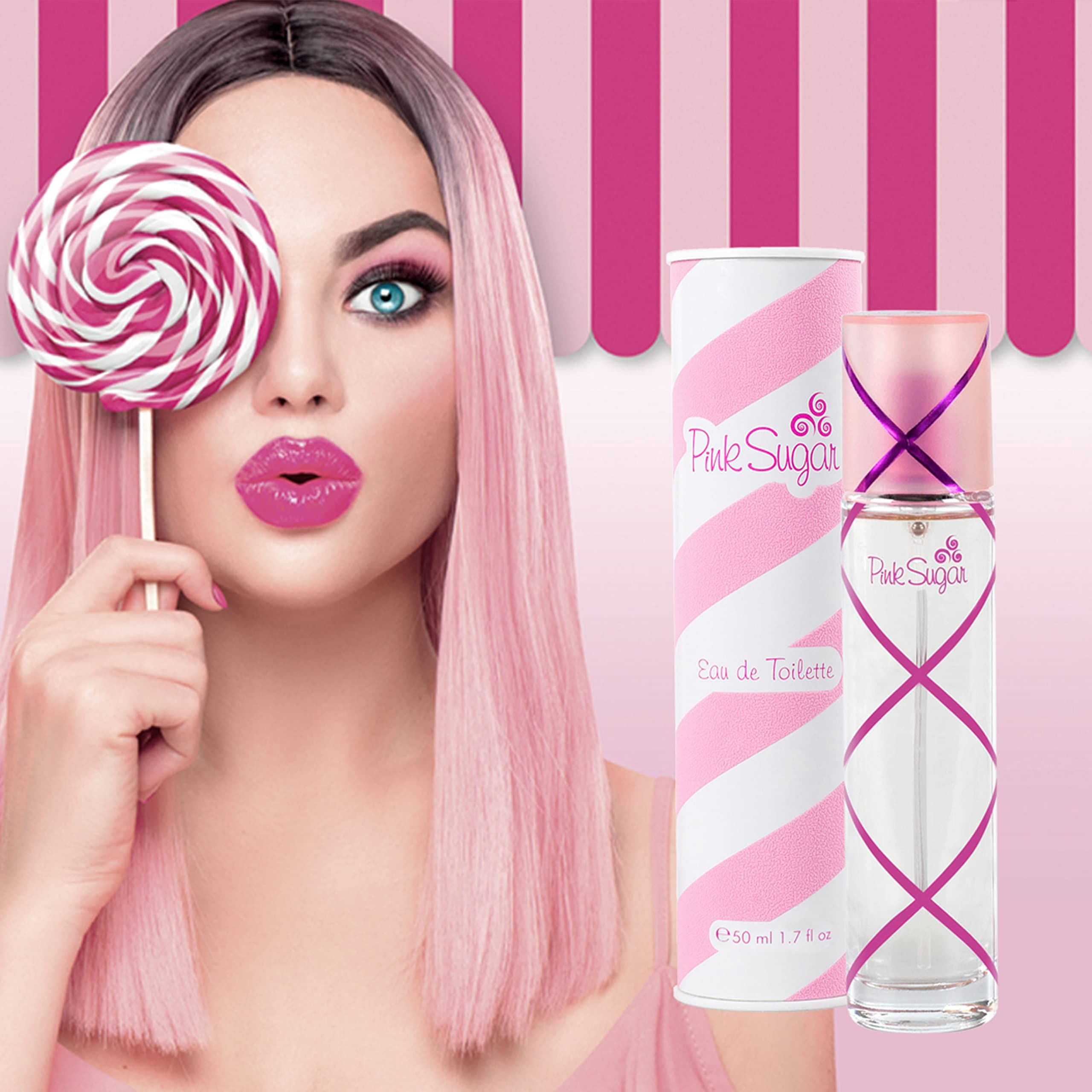 Frau mit rosa Haaren und Lutscher. Parfümflasche und Verpackung. Rosa und weiß gestreifte Verpackung.