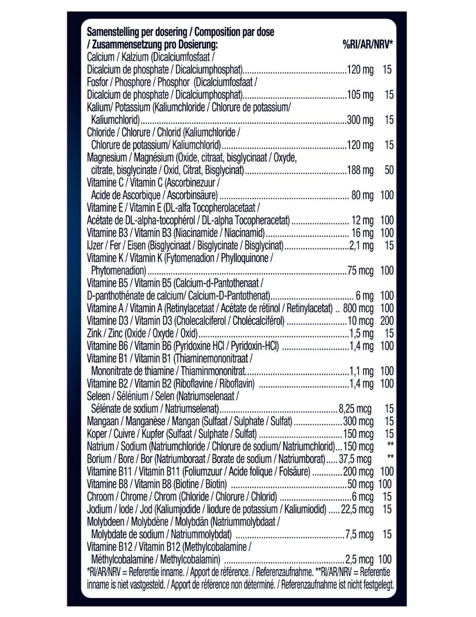 Rückseite der Verpackung von Lucovitaal Magnesium, Vitaminen & Mineralien Compleet. Enthält eine Liste der Inhaltsstoffe und Nährwerte.