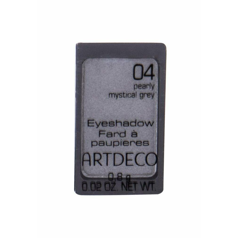 Grauer Lidschatten in rechteckiger Form. Aufschrift: ARTDECO, 04, Pearly Mystical Grey, 0.8g, 0.02 OZ. NET WT.