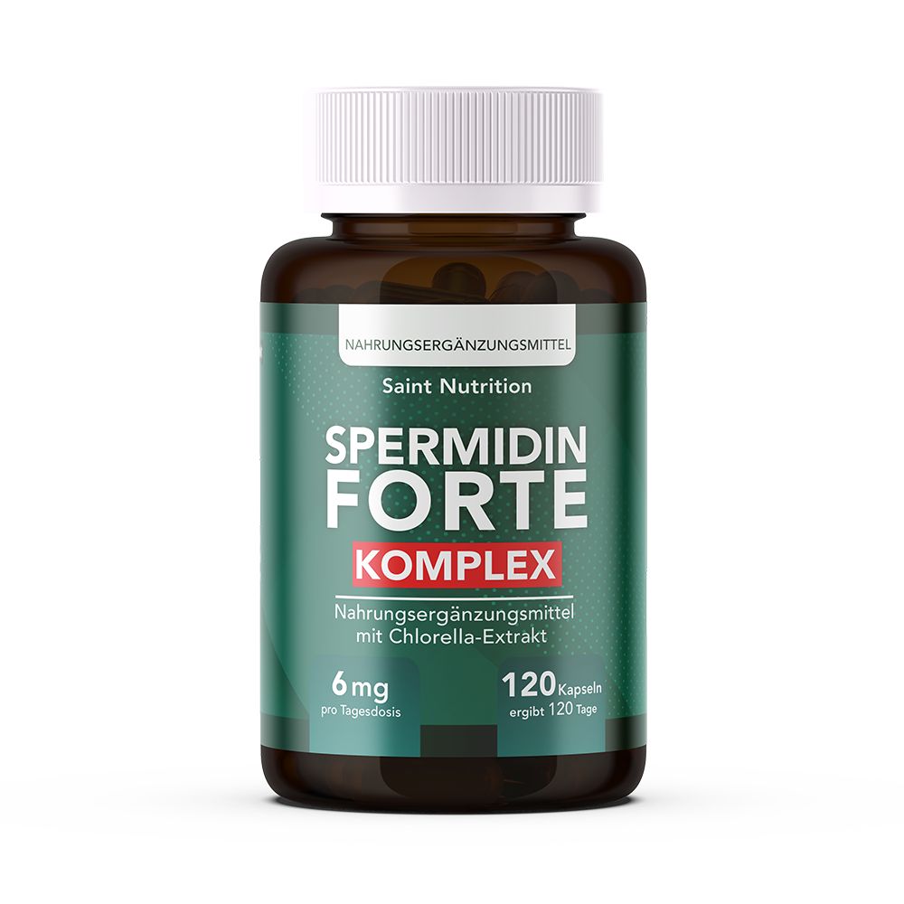 Braune Flasche mit weißen Deckel. Aufschrift: Spermidin Forte Komplex. 120 Kapseln. Nahrungsergänzungsmittel.