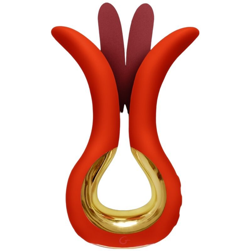 Roter Vibrator mit zwei flexiblen Spitzen und goldfarbenem Detail. Form wie eine Blüte. G-Vibe Logo.