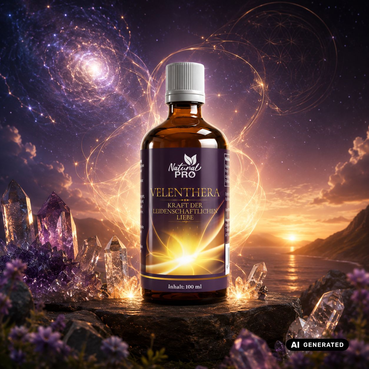 Braune Glasflasche mit weißem Schraubverschluss, gefüllt mit einer goldenen Flüssigkeit. Das Etikett zeigt den Produktnamen und die Aufschrift "Kraft der leidenschaftlichen Liebe".