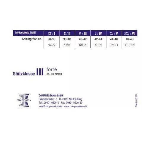 Größentabelle für COMPRESSANA TWIST Stütz-Kniestrümpfe. Größen XS/I bis XXL/VI. Stützklasse III, forte, ca. 18 mmHg. Firmenlogo und Kontaktinformationen.