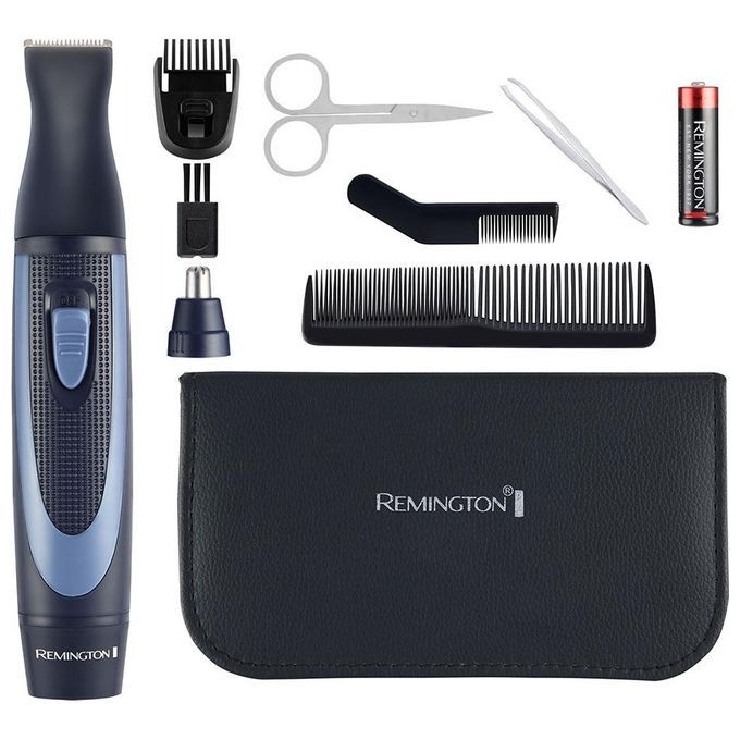 Set mit Nasen-/Ohrenhaartrimmer, Schere, Pinzette, Kamm, Aufsätzen, Batterie und Etui. Schwarzes Etui mit Remington-Logo.