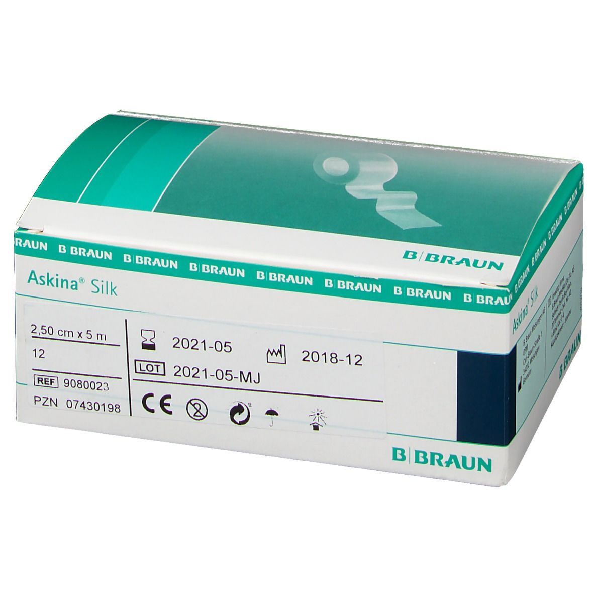 Askina® Silk Verpackung. Grün-weiße Schachtel mit Produktinformationen und B. Braun Logo. Perspektivische Ansicht.
