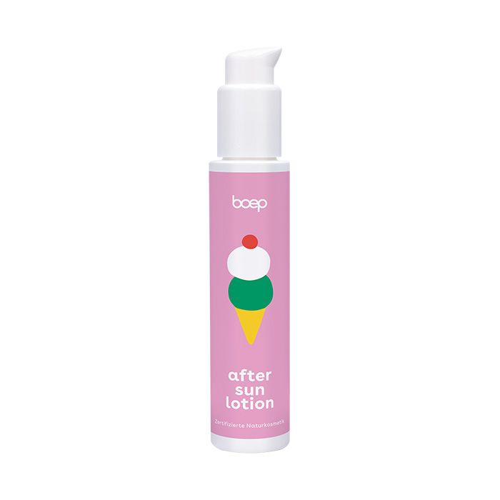 Rosa Flasche mit weißem Pumpkopf. Aufdruck: Eiscreme-Illustration, Schriftzug "after sun lotion".