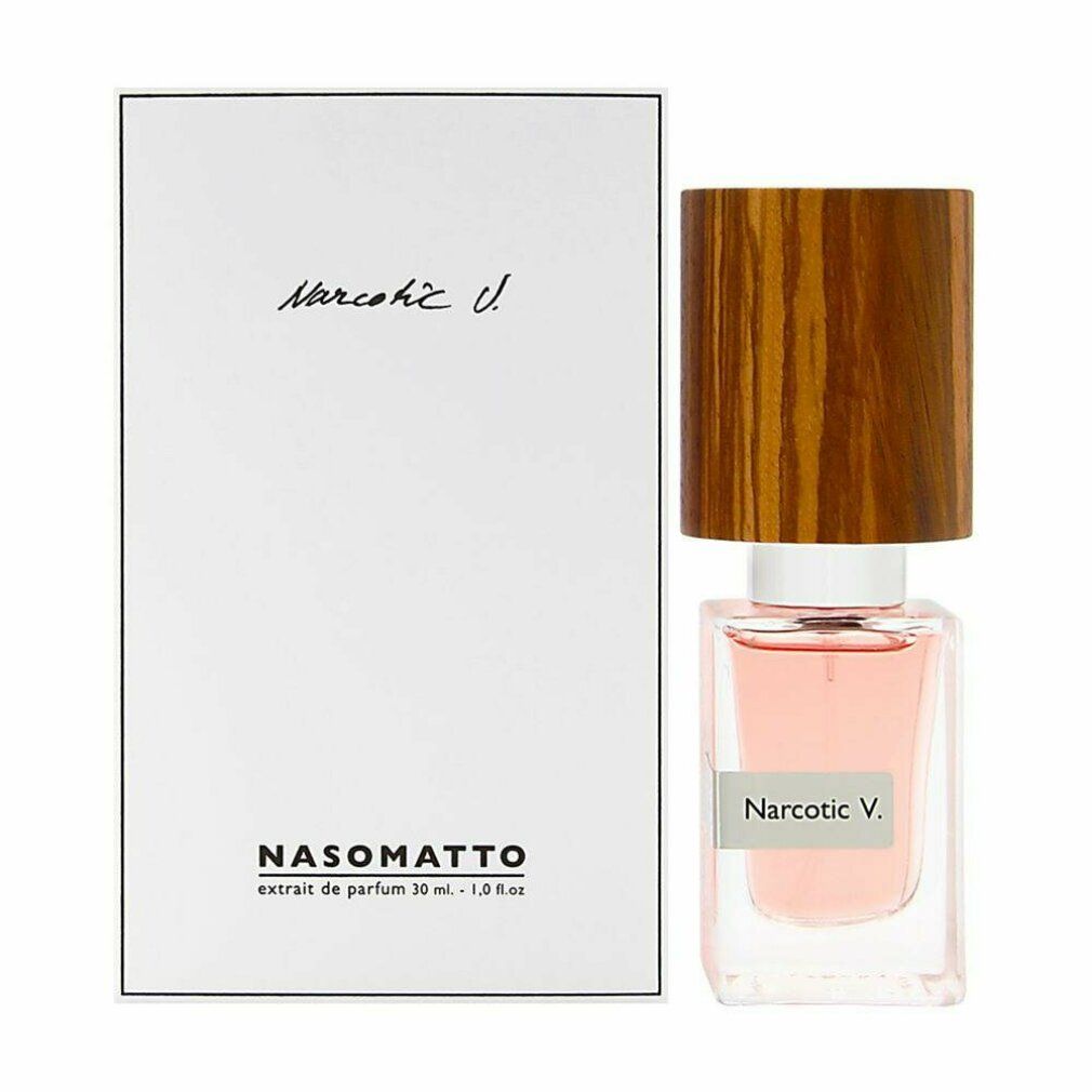Nasomatto Narcotic V. Extrait de Parfum und Verpackung. Weißer Karton mit Logo und Text.