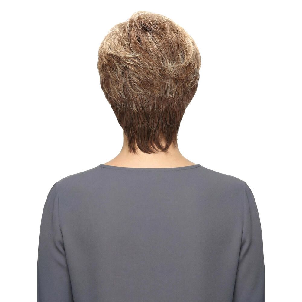 Rückansicht einer kurzhaarigen Perücke mit braun-blondem Farbverlauf. Die Perücke ist auf einem weißen Hintergrund.