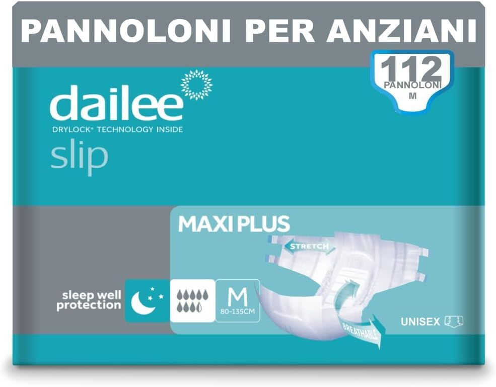 Verpackung Dailee Slip Maxi Plus. Größe M, Unisex. 112 Stück. Türkis-graue Verpackung mit Produktabbildung.