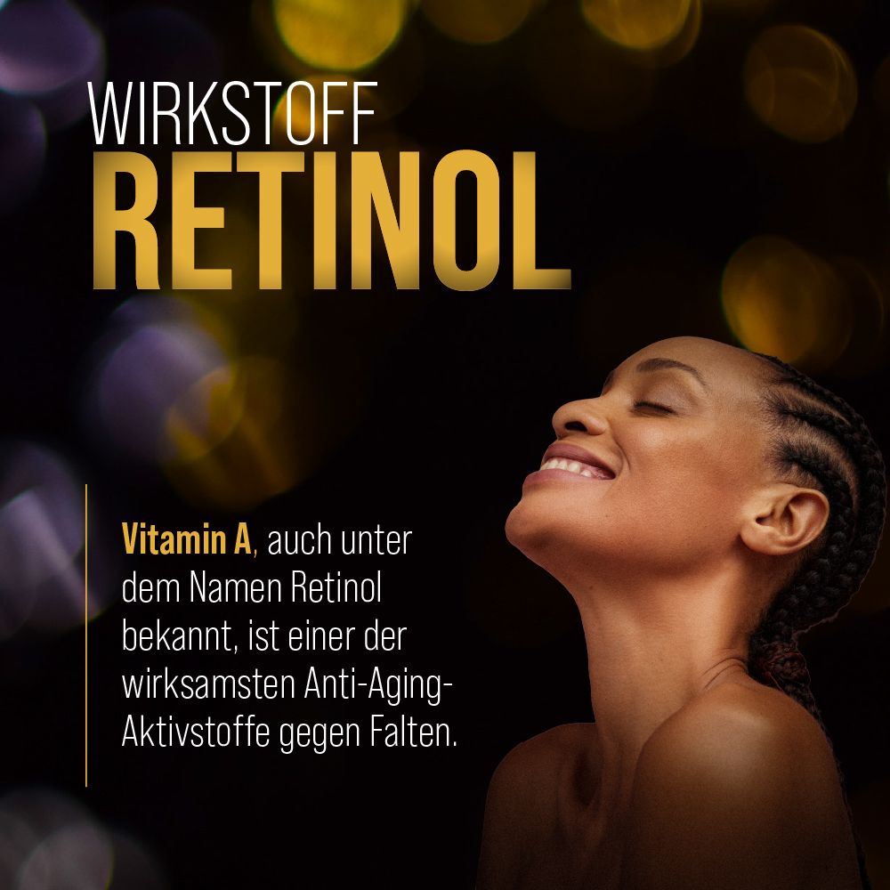 Text: Wirkstoff Retinol. Vitamin A, auch unter dem Namen Retinol bekannt, ist einer der wirksamsten Anti-Aging-Aktivstoffe gegen Falten.
