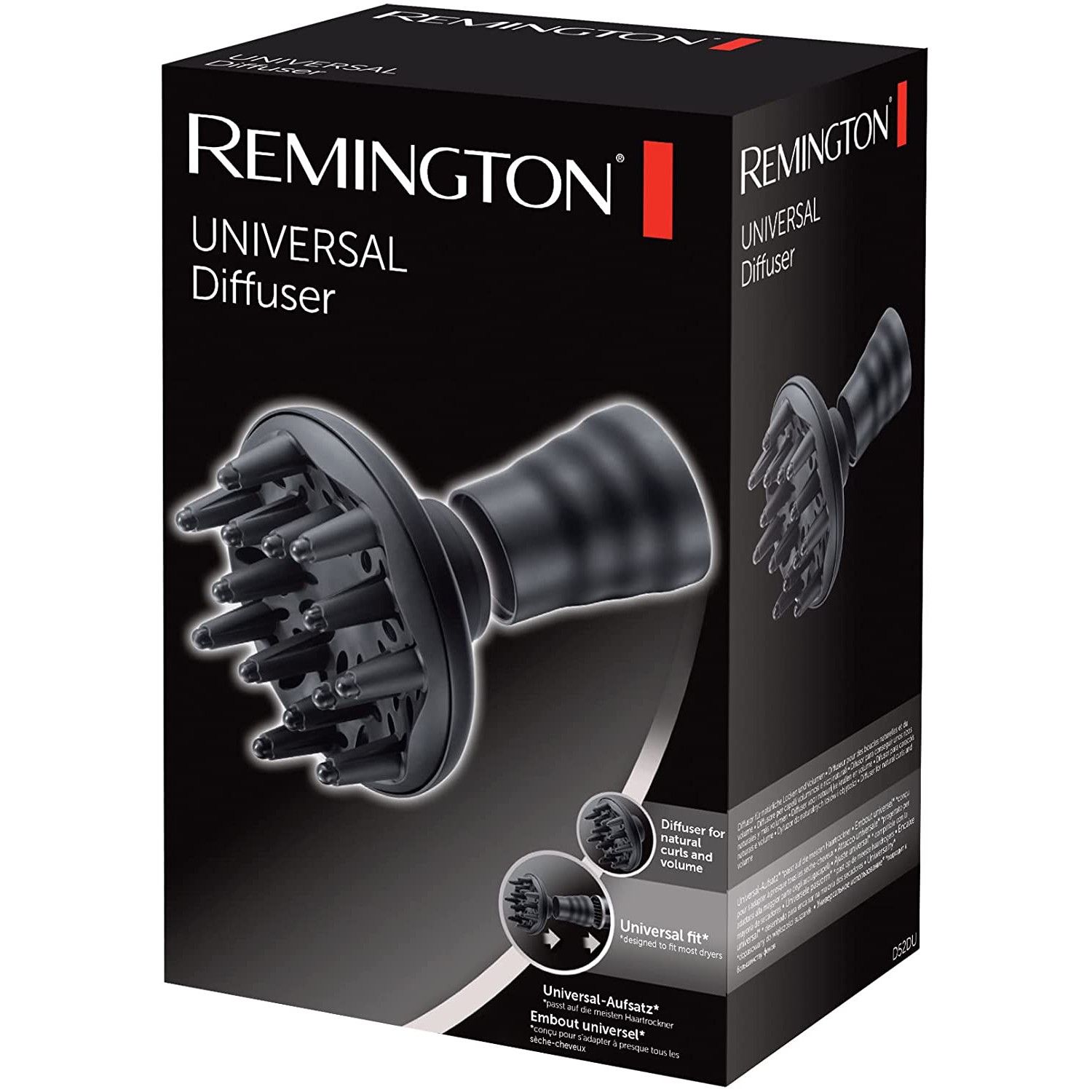 Schwarze Produktverpackung mit Produktabbildung. Aufschrift: Remington Universal Diffuser. Abbildung des Diffusors.