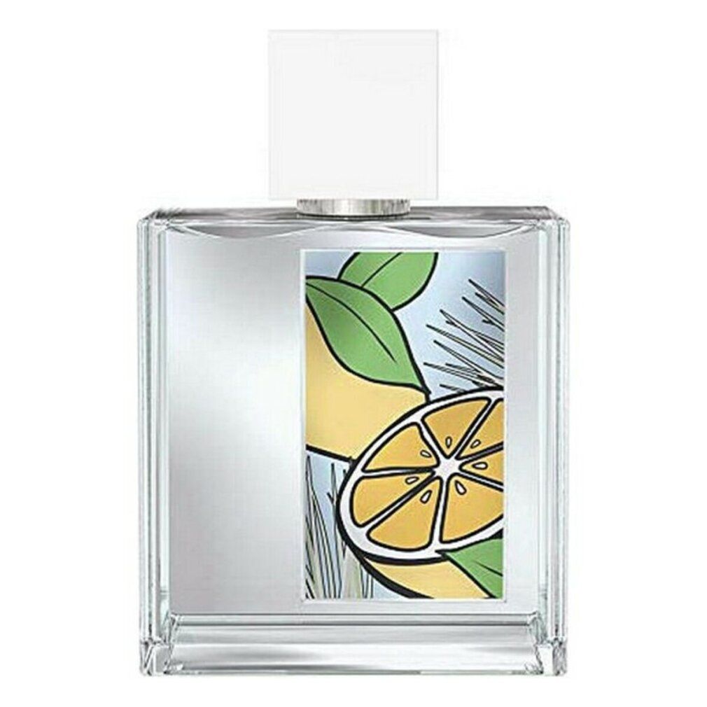 Transparenter Flakon mit weißem Verschluss. Aufkleber mit Zitronen-Illustration.