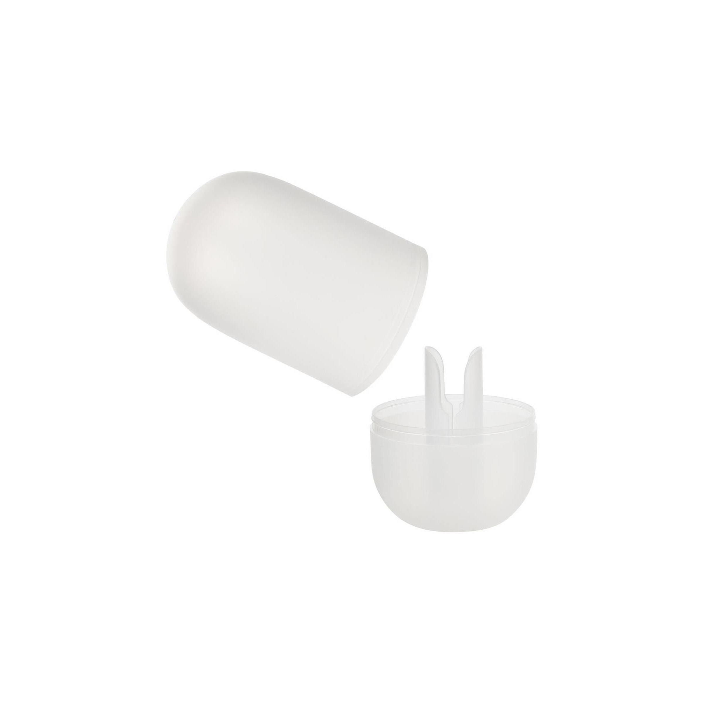 Weißes, zweiteiliges Produkt. Deckel und Basis mit zwei hervorstehenden Elementen.