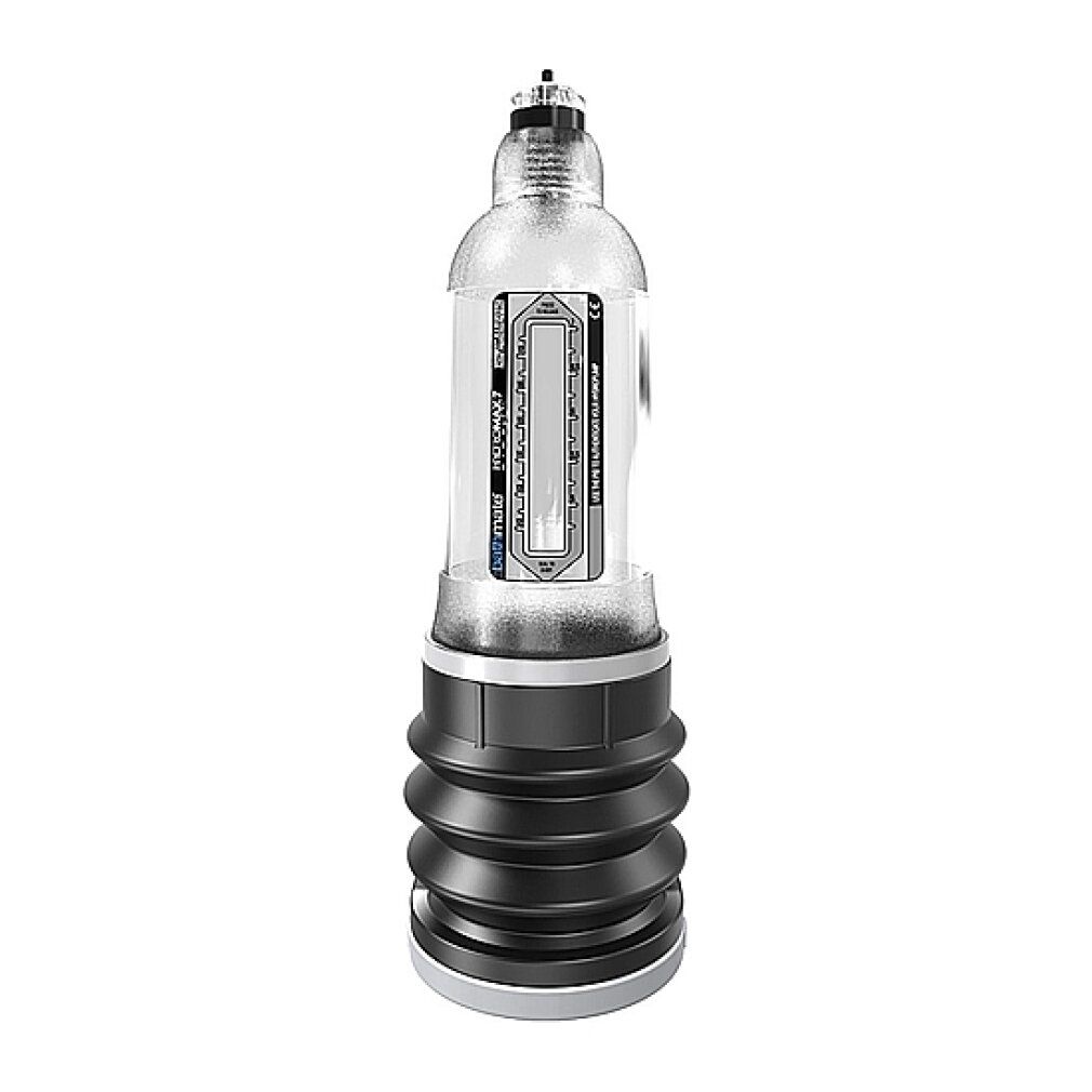 Klarer Zylinder mit schwarzem, geriffeltem Unterteil. Auf dem Zylinder: Hydromax7.