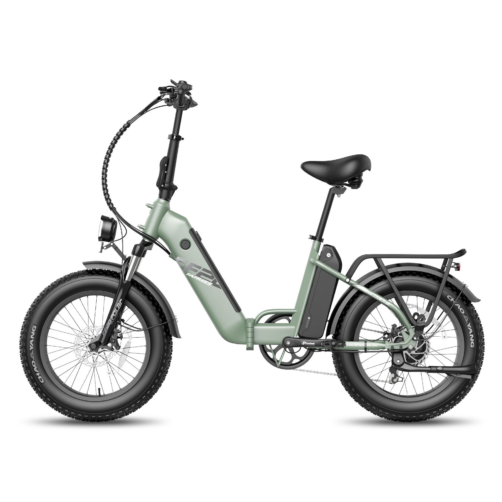 Hellgrünes, zusammenklappbares E-Bike. Schwarze Reifen, Sattel und Gepäckträger. Frontscheinwerfer und Akku.