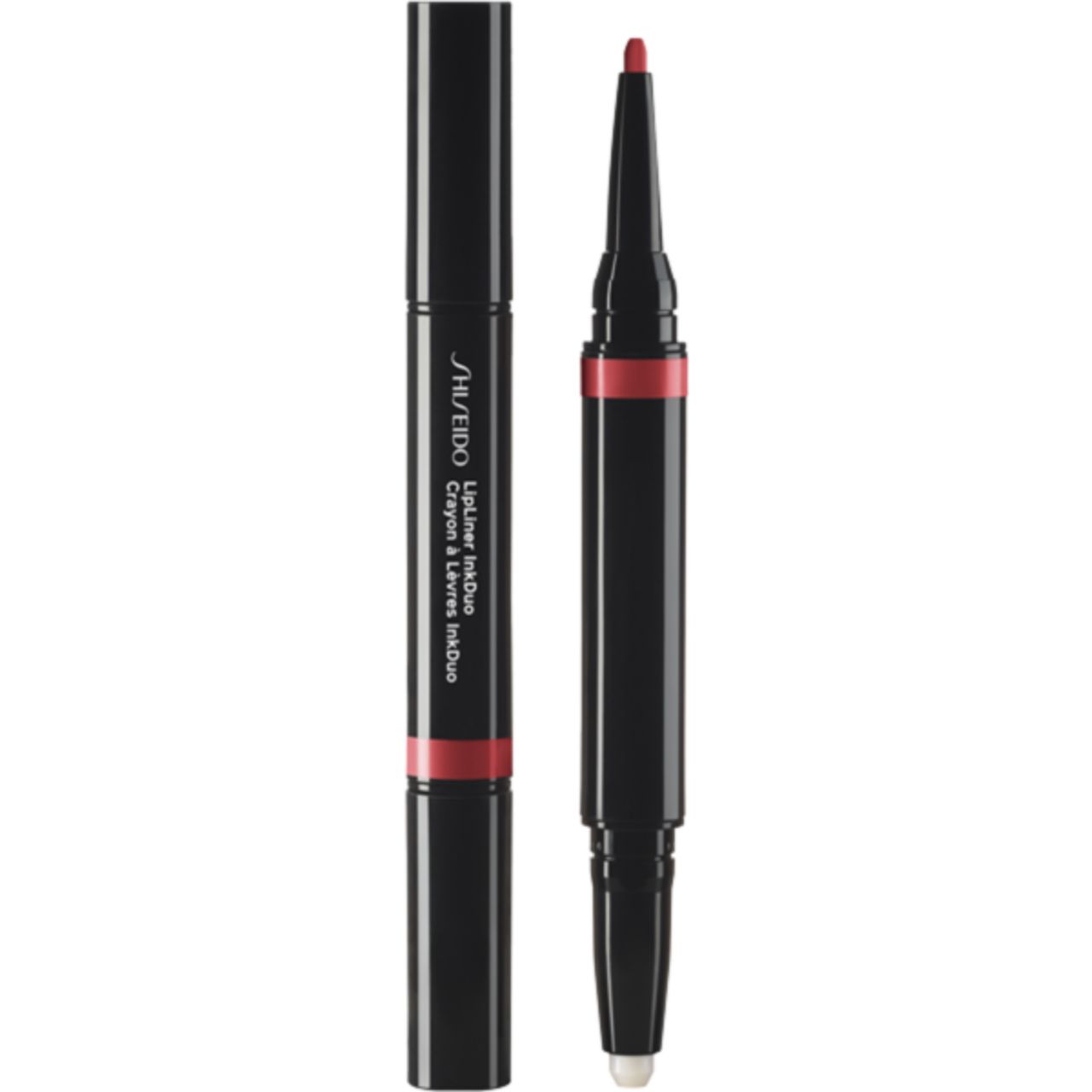 Doppel-Lippenstift von Shiseido. Schwarzer Stift mit roter Mitte und Schriftzug. Ein Ende mit roter Spitze, das andere mit weißem Applikator.