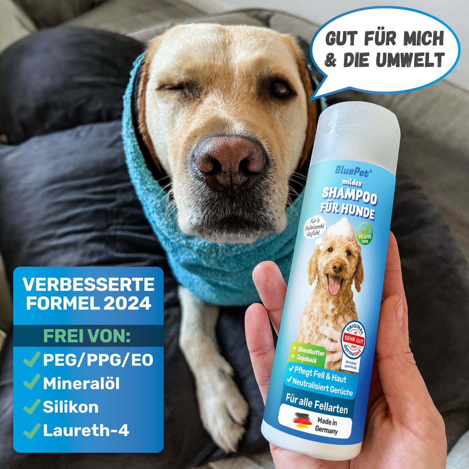 Hand hält Shampoo-Flasche. Text: Verbesserte Formel 2024. Frei von: PEG/PPG/EO, Mineralöl, Silikon, Laureth-4.