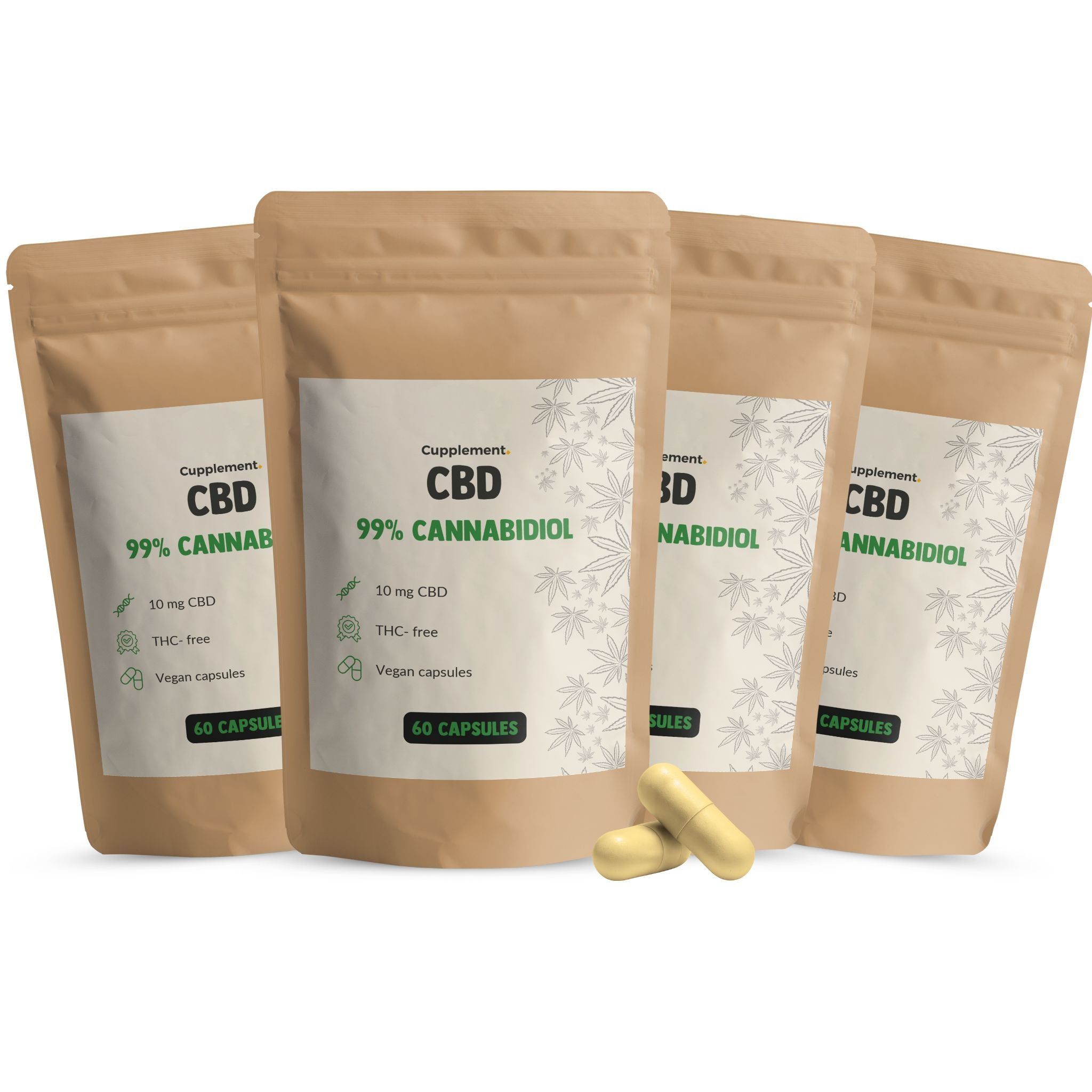 Vier Beutel mit CBD-Kapseln. Aufschrift: CBD, 99% Cannabidiol, 10 mg CBD, THC-frei, vegane Kapseln. Zwei Kapseln liegen daneben.