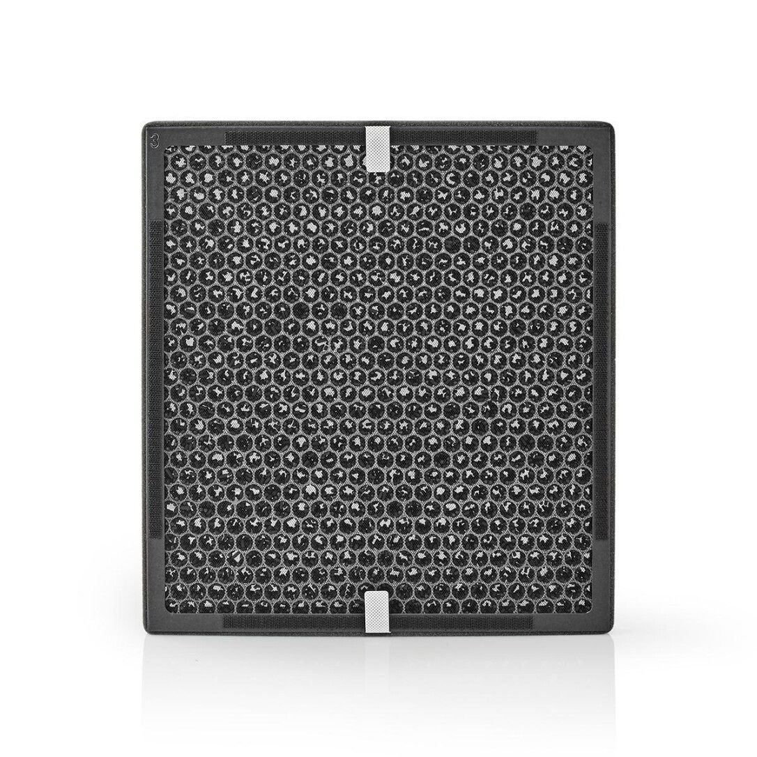 Luftfilter mit schwarzer, wabenförmiger Oberfläche. Schwarzer Rahmen mit weißen Halterungen. Quadratische Form.