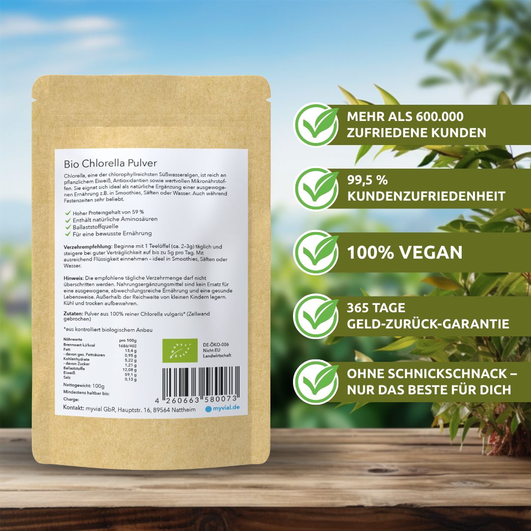 myvial® Bio Chlorella Pulver - 100 g mit Eisen & B12 - aufgebrochene Zellwand - vegan