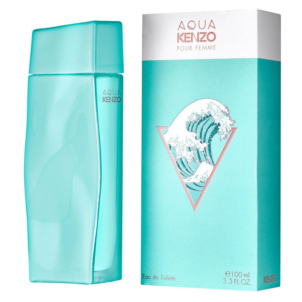 Türkisgrüner Flakon und Verpackung. Verpackung mit Wellenmotiv und Schriftzug AQUA KENZO POUR FEMME.
