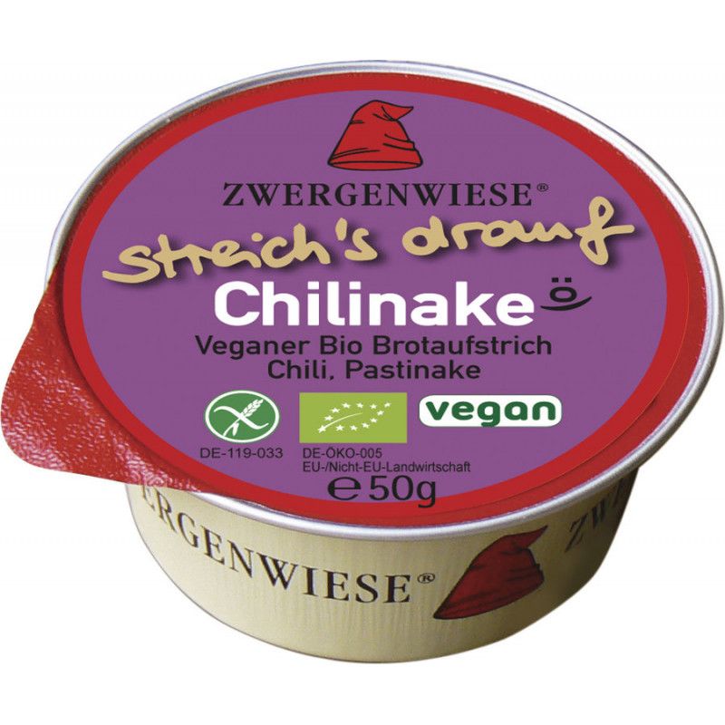Runder Behälter mit lila Deckel. Aufschrift: Chilinake, veganer Bio-Brotaufstrich. Siegel: DE-ÖKO-005, vegan. Inhalt: 50g.