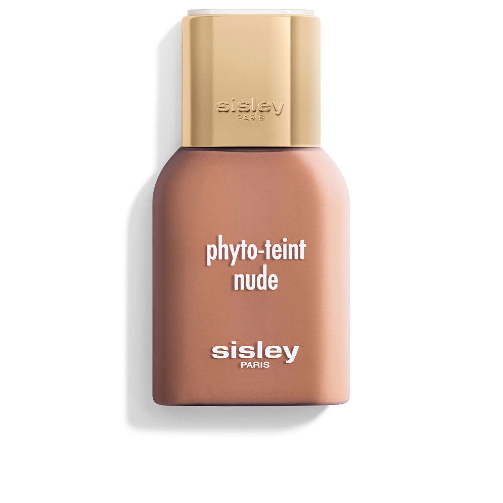 Flakon Sisley Phyto-Teint Nude. Braune Flüssigkeit, goldfarbener Deckel. Schriftzug: Phyto-Teint Nude, Sisley Paris.