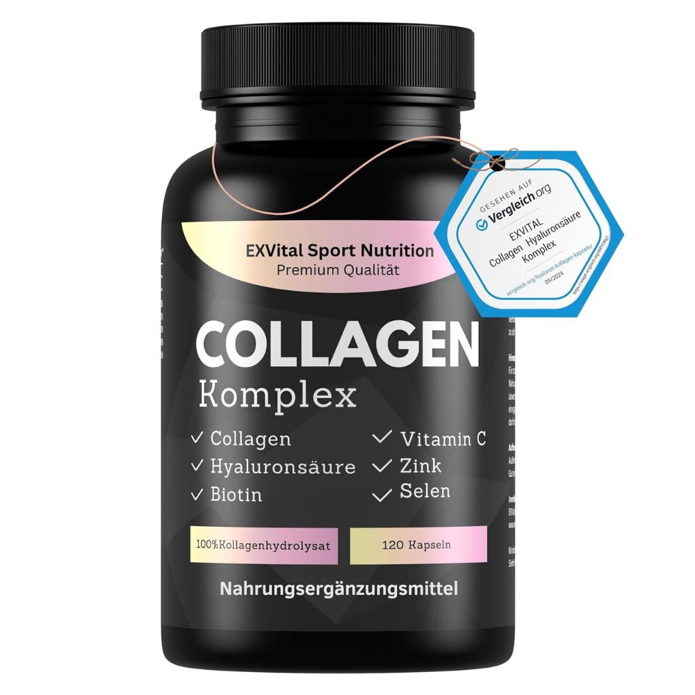 Schwarze Flasche mit EXVital Collagen Komplex Kapseln. Enthält 120 Kapseln. Mit Collagen, Hyaluronsäure, Biotin, Vitamin C, Zink und Selen. Siegel.