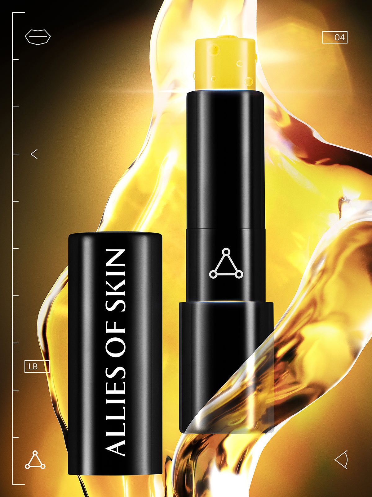 Schwarzer Lippenbalsam-Stick mit gelber Spitze. Deckel mit "ALLIES OF SKIN"-Schriftzug. Logo mit drei Punkten. Hintergrund mit Öl.
