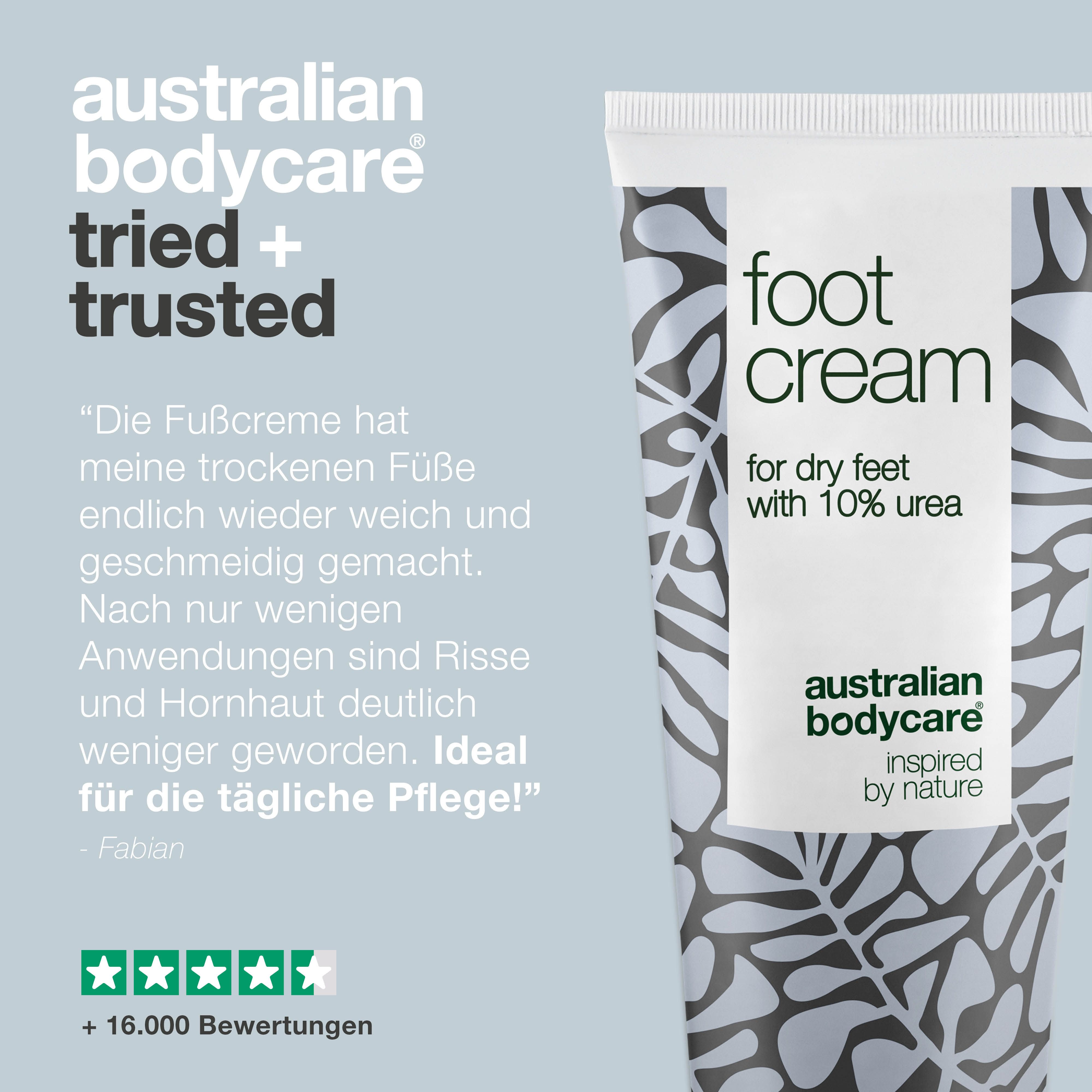 Fußcreme-Tube mit Text: "foot cream", "for dry feet", "10% urea", "australian bodycare".