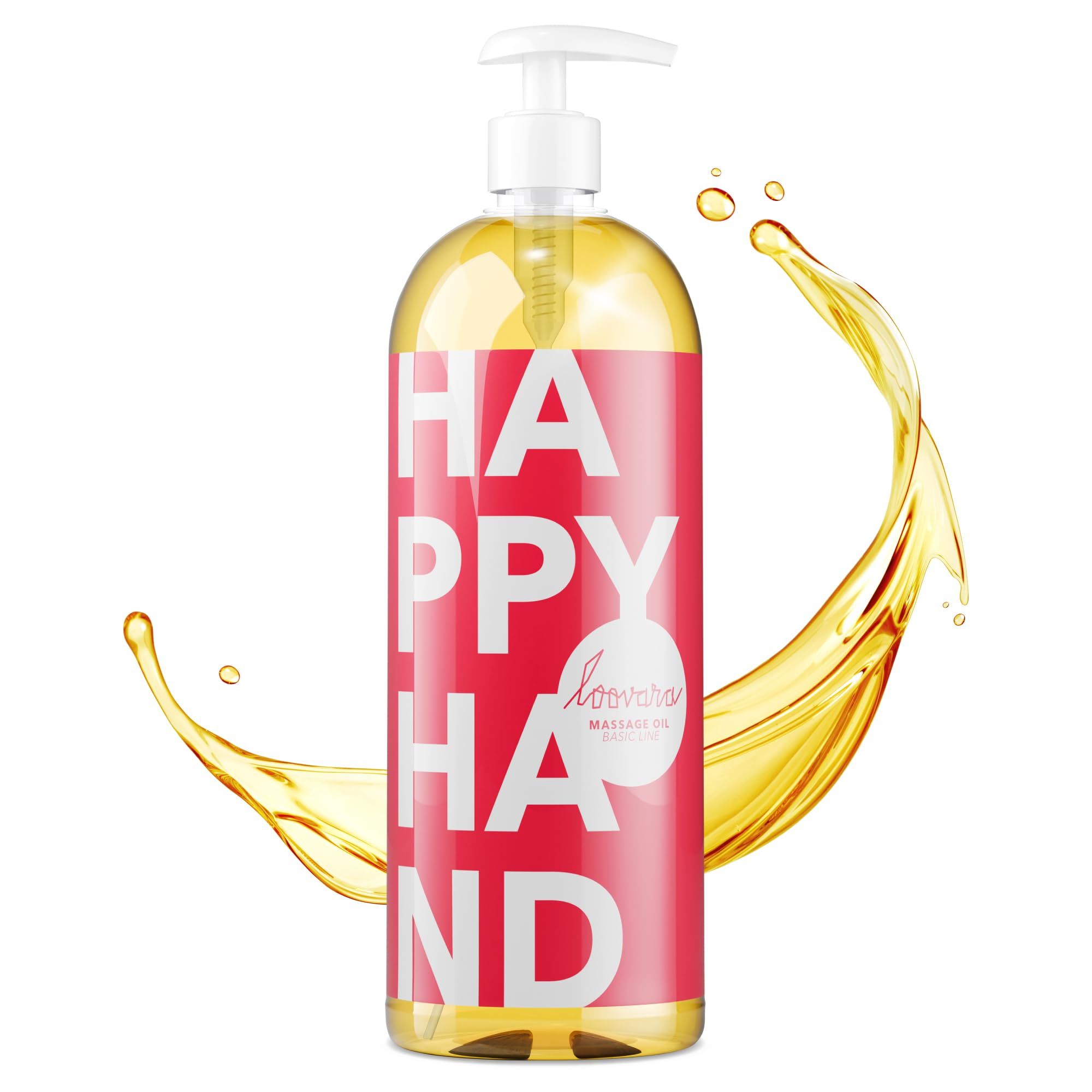 Flasche mit Pumpspender, gefüllt mit gelbem Massageöl. Rotes Etikett mit weißer Schrift: HAPPY HAND.