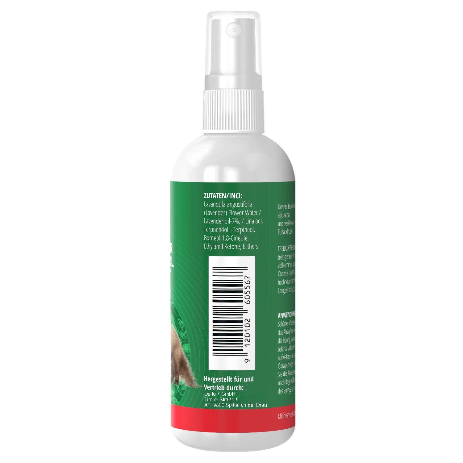 Rückseite der Sprühflasche. Text: Zutaten/INCI. Barcode. Grüne Etikett mit Text.