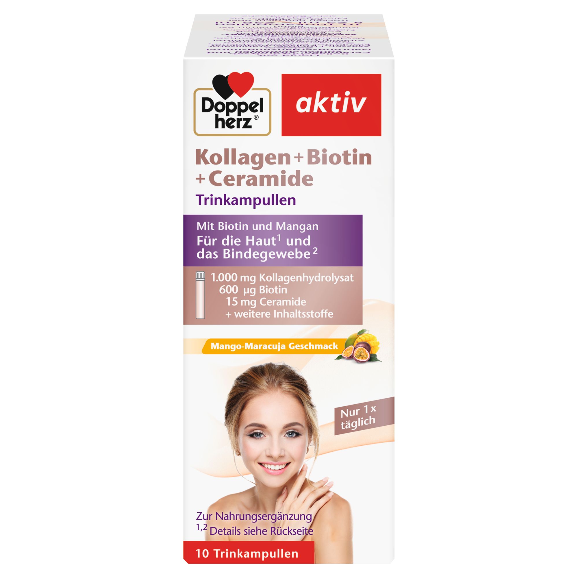 Doppelherz Kollagen+Biotin+Ceramide Trinkampullen, 10 Stück, Mango-Maracuja Geschmack.