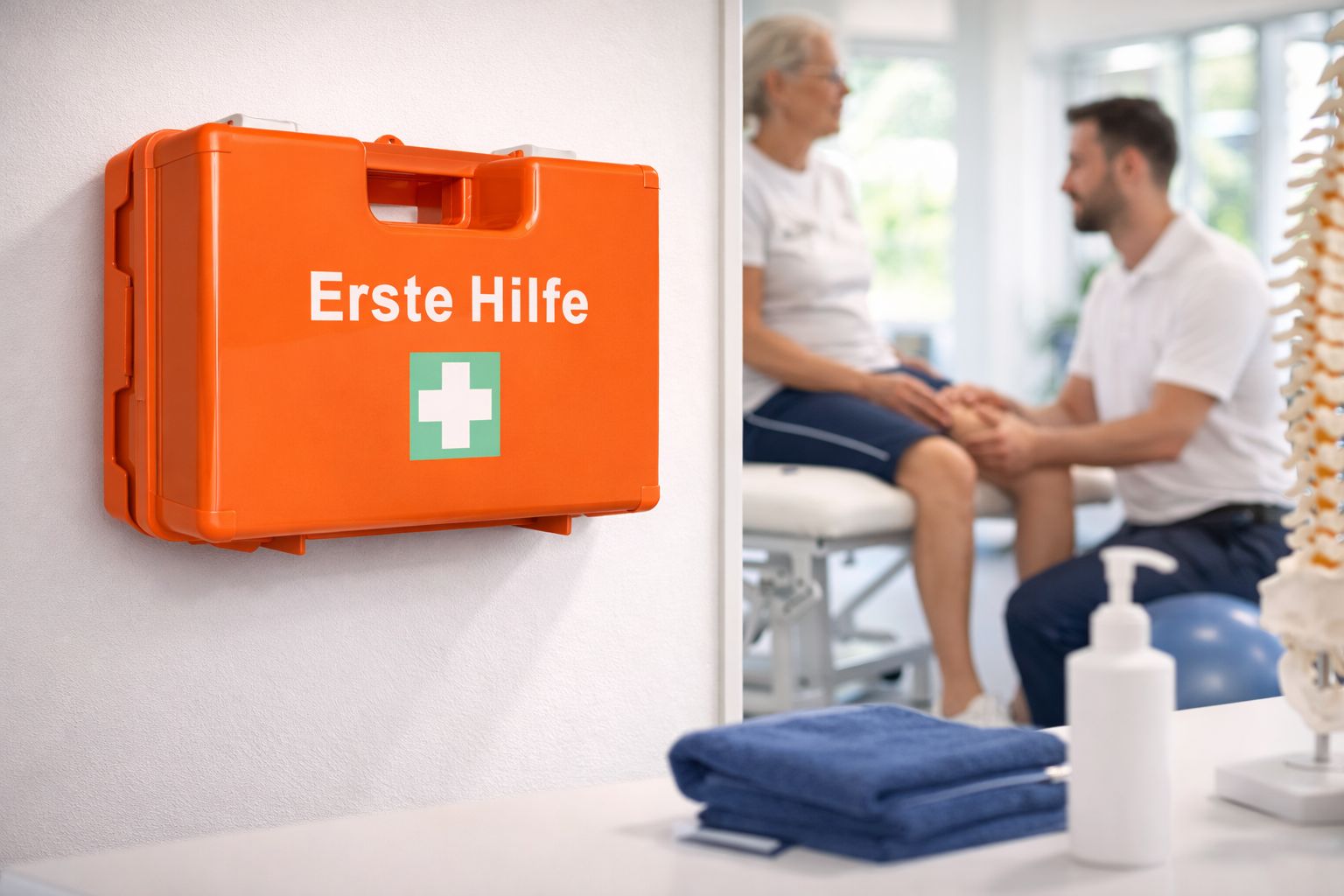 Orangefarbene Erste-Hilfe-Koffer an der Wand. Text: Erste Hilfe. Im Hintergrund: Arzt und Patientin.