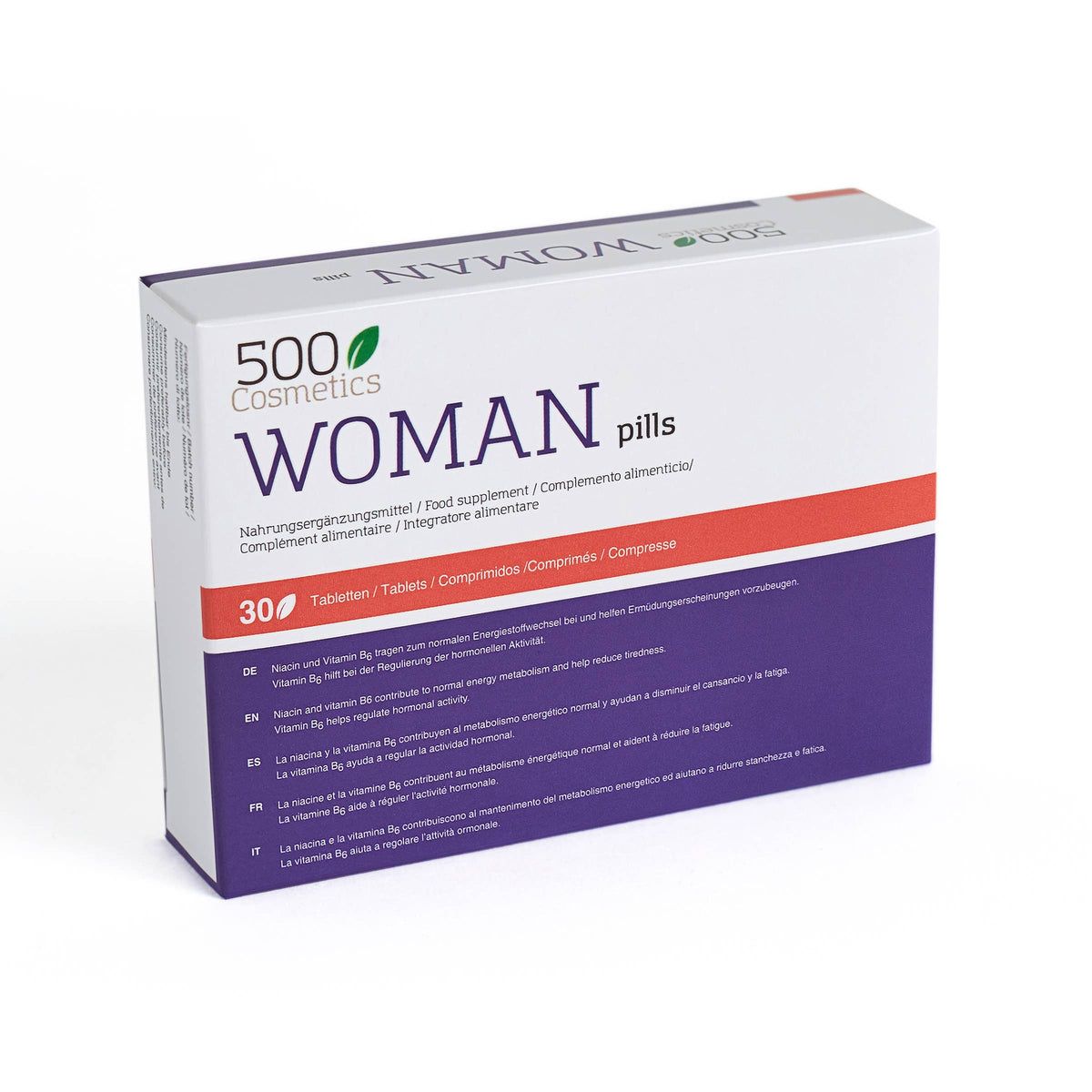 Schachtel mit "500 Cosmetics WOMAN pills". 30 Tabletten. Lila und weißes Design.