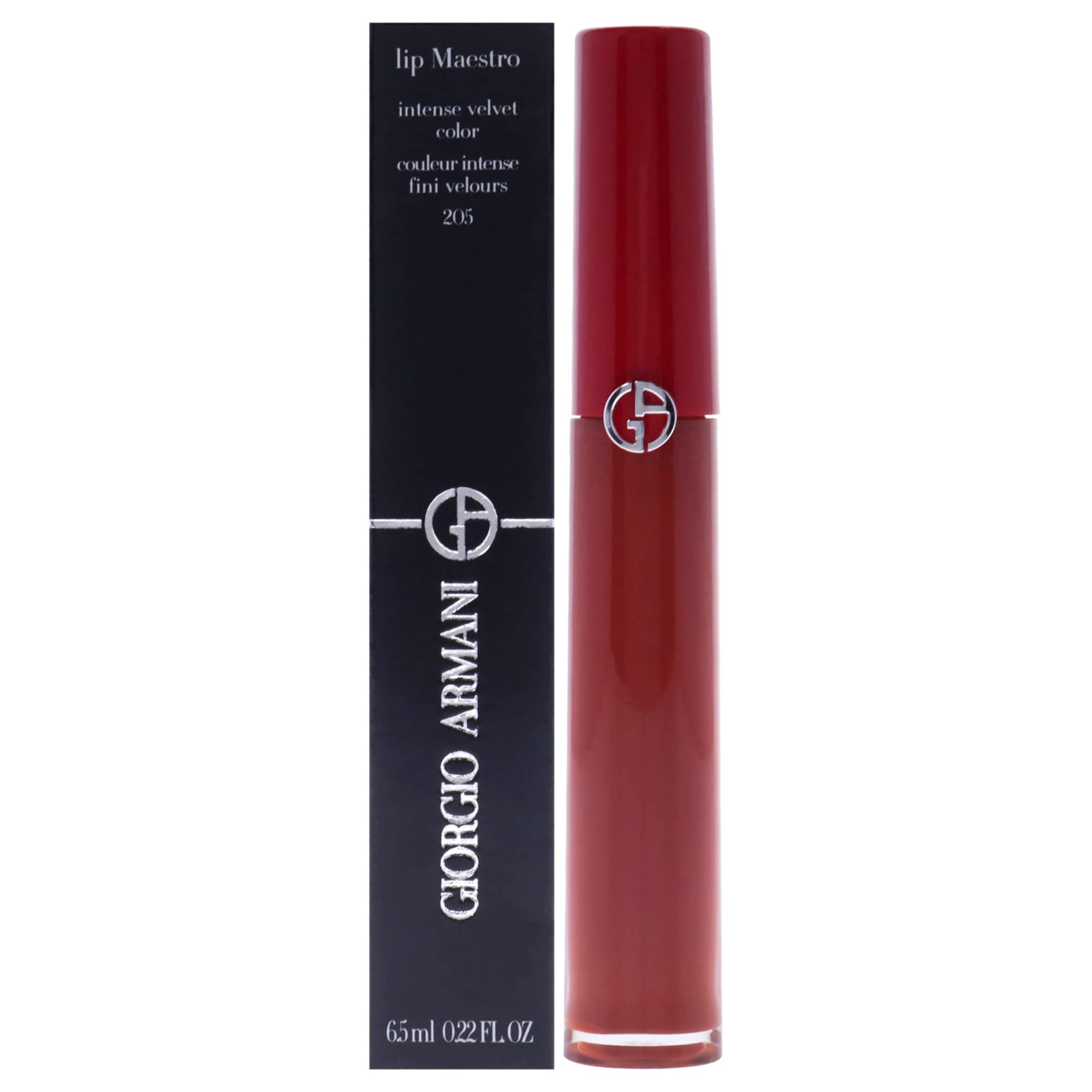 Roter Lippenstift und schwarze Verpackung. Giorgio Armani, Lip Maestro, intense velvet color, Fiamma 205.