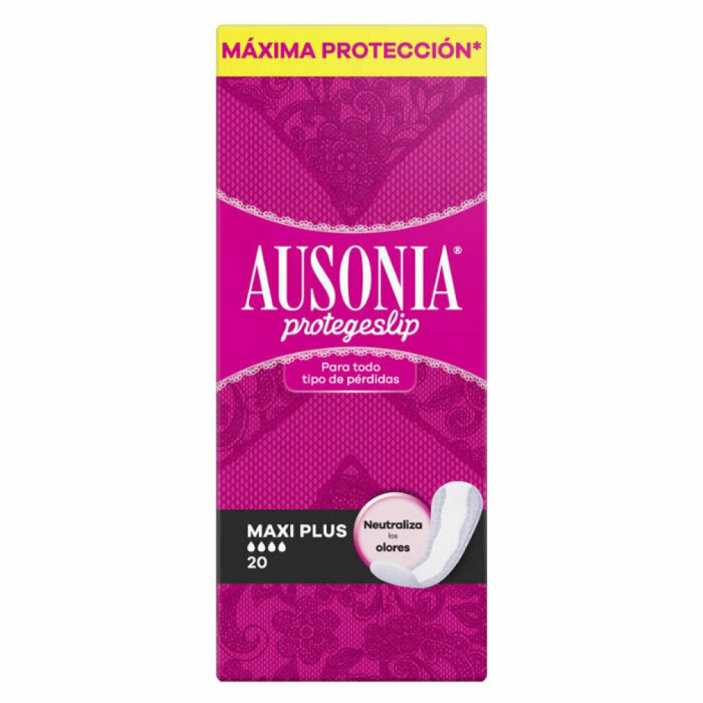 Verpackung von Ausonia Protegeslip Maxiplus Slipeinlagen. Rosa-weißes Design mit Produktnamen und Beschreibung. 20 Stück.