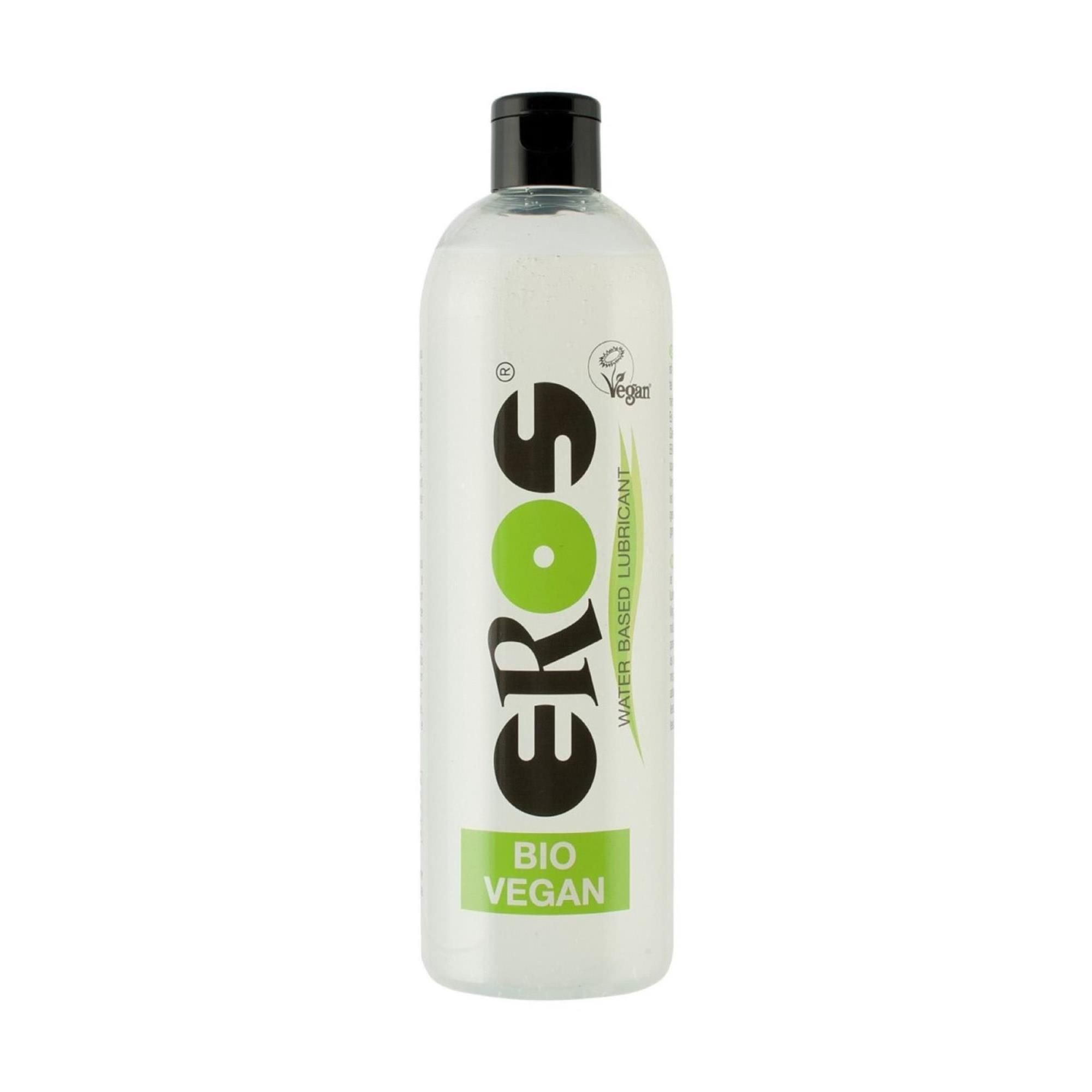 Flasche mit schwarzem Deckel. Aufschrift: EROS, BIO VEGAN. Grün-weiße Farbgebung. Vegan-Siegel.