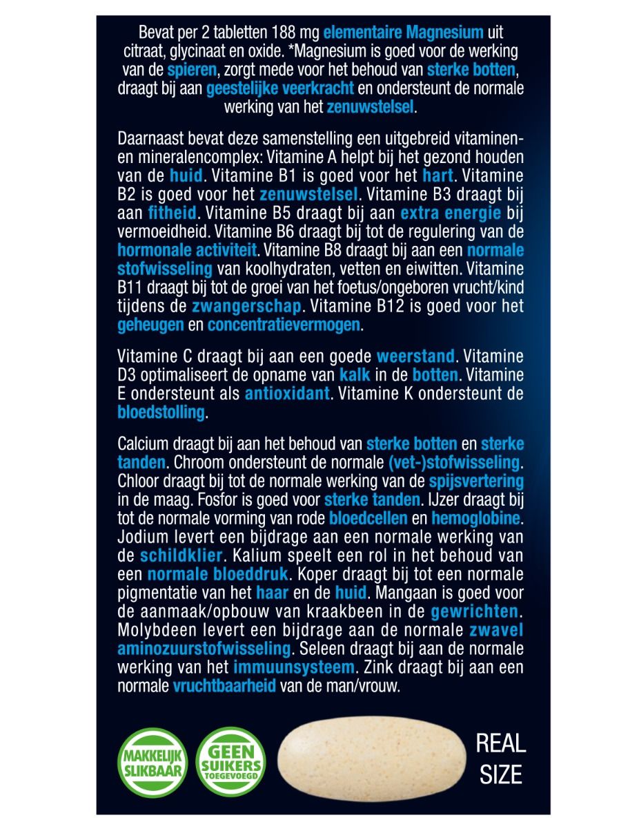 Rückseite der Verpackung von Lucovitaal Magnesium, Vitaminen & Mineralien Compleet. Enthält Informationen über die Inhaltsstoffe und die Anwendung.