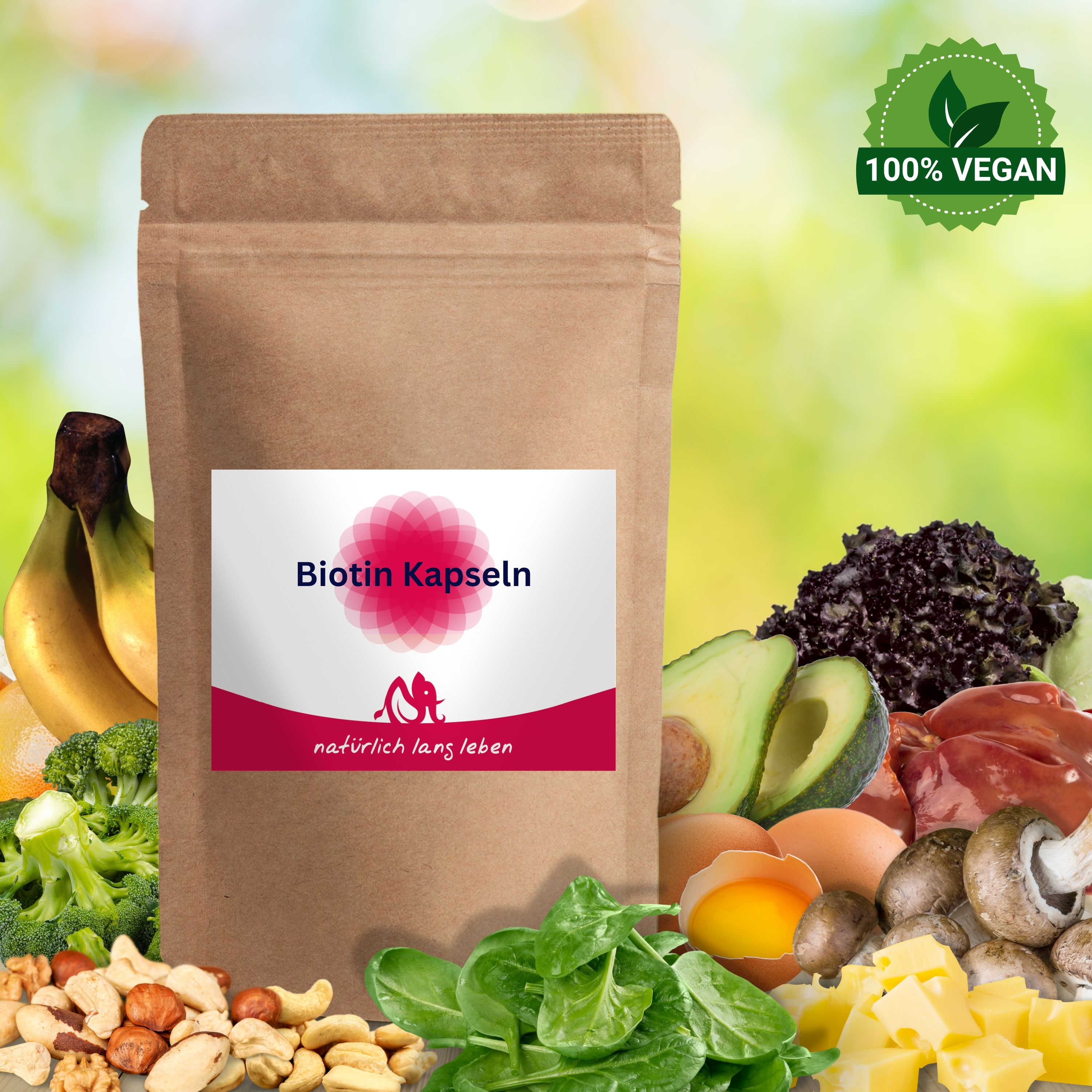 Braune Tüte mit Etikett. Auf dem Etikett steht "Biotin Kapseln" und "natürlich lang leben". Umgeben von Obst und Gemüse.