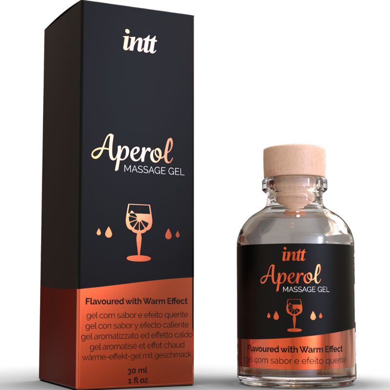 Schwarze Verpackung mit "intt Aperol Massage Gel" und Flasche. 30 ml.