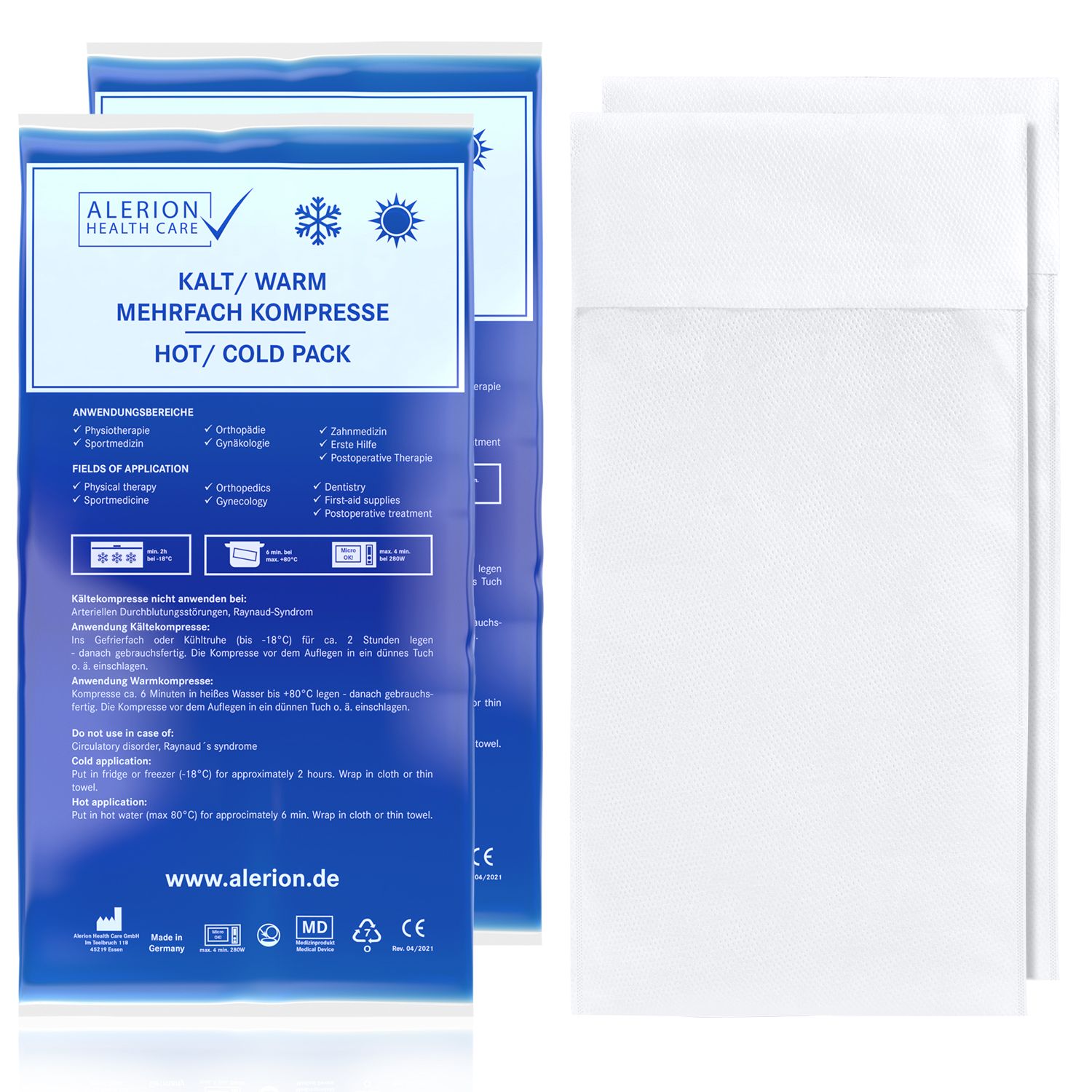 Zwei blaue Packungen und zwei weiße Vlieshüllen. Auf den Packungen steht "ALERION HEALTH CARE" und "KALT/WARM MEHRFACH KOMPRESSE".