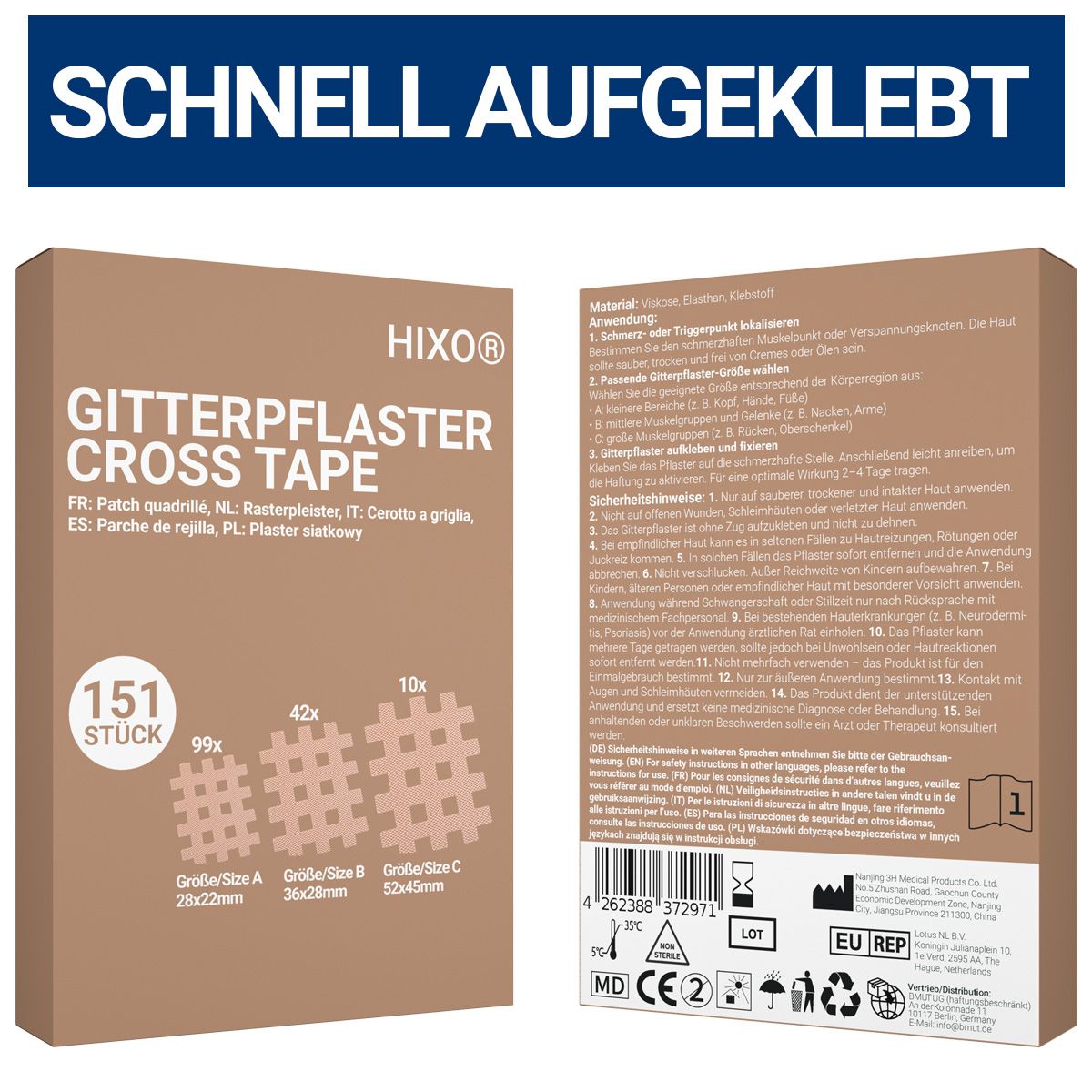 Verpackung von HIXO Gitterpflaster Cross Tape mit Anwendungshinweisen auf der Rückseite.
