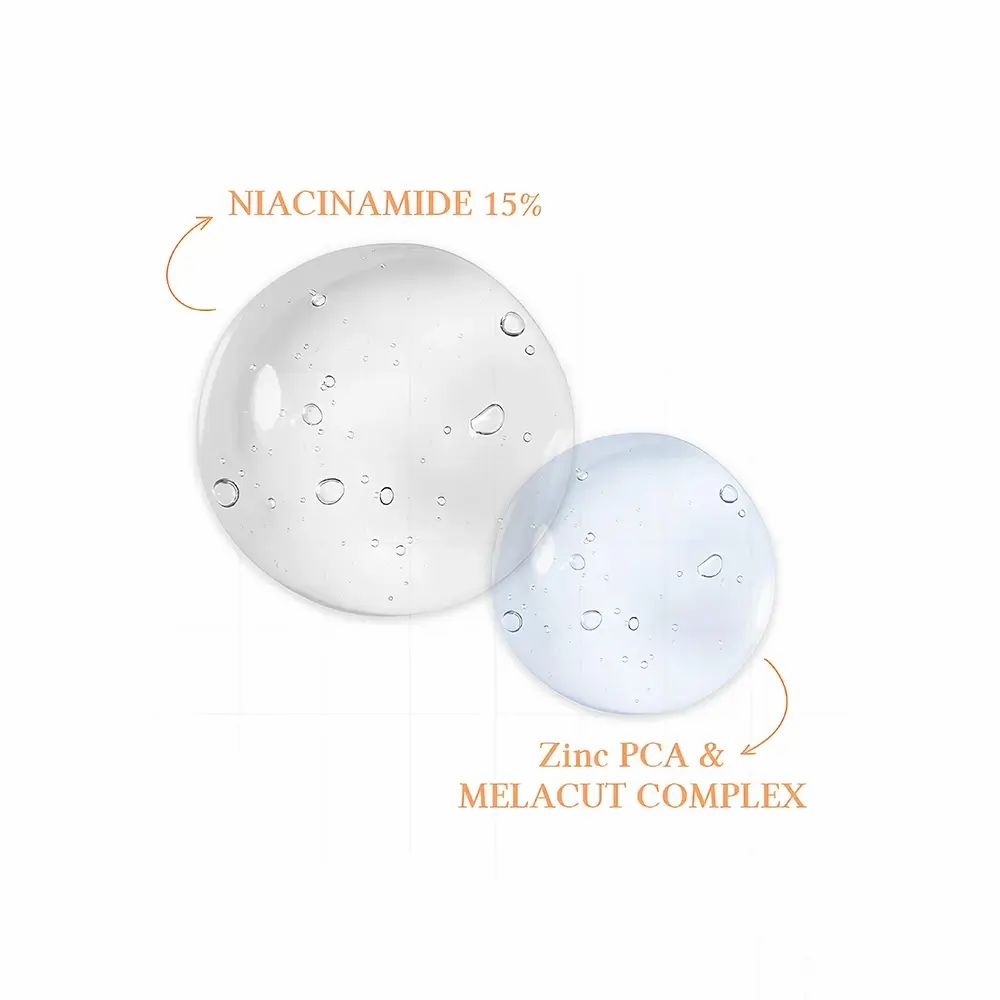 Zwei transparente Serumtropfen mit Beschriftungen: "Niacinamide 15%" und "Zinc PCA & MELACUT COMPLEX".