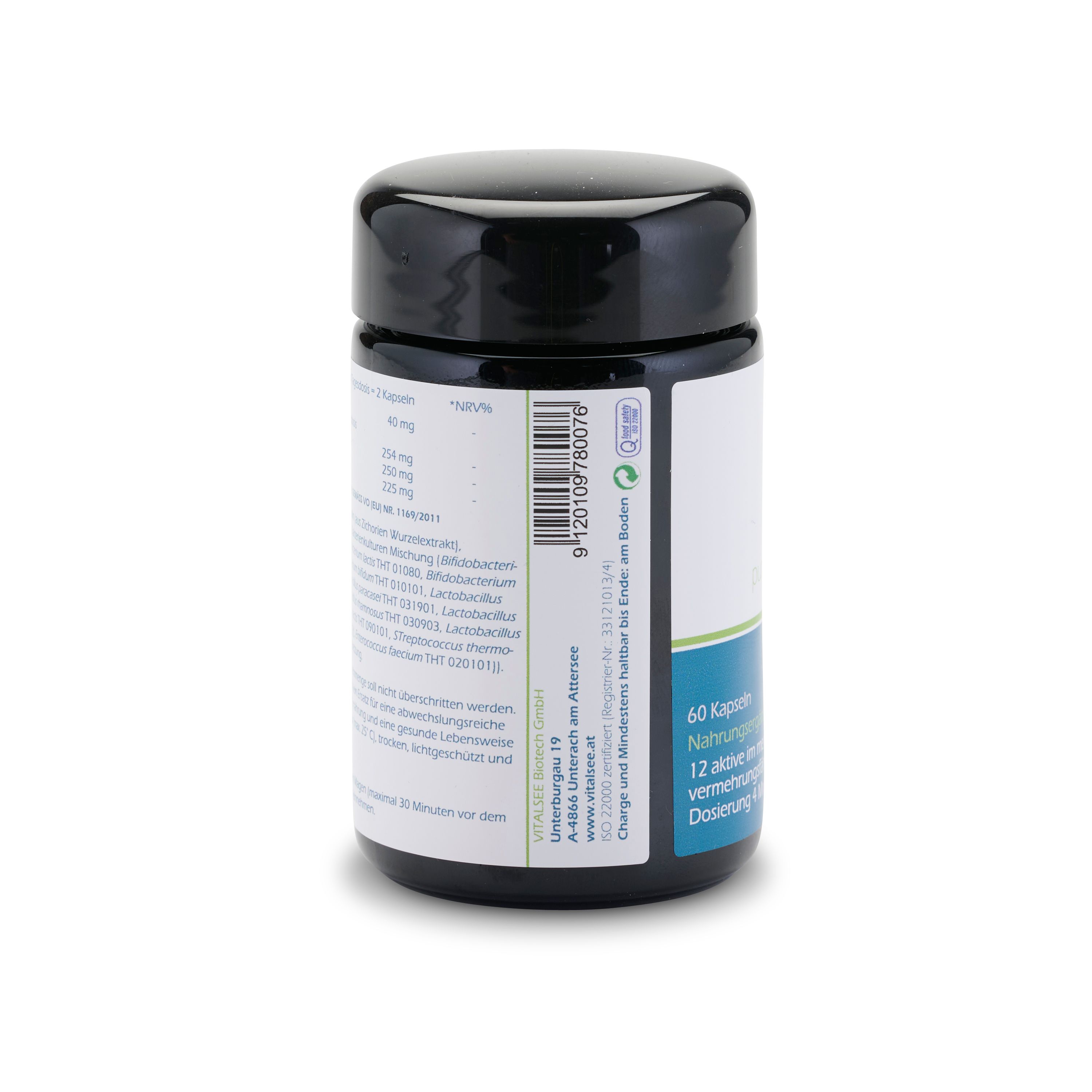 Rückansicht der schwarzen Dose. Enthält Informationen und einen Barcode. Text in deutscher Sprache.